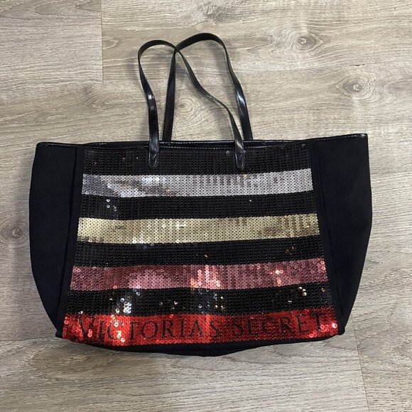 VICTORIA'S SECRET BLACK SEQUIN STRIPE WEEKENDER BAG GETAWAY CARRY ON LARGE TOTE - Picture 1 of 6